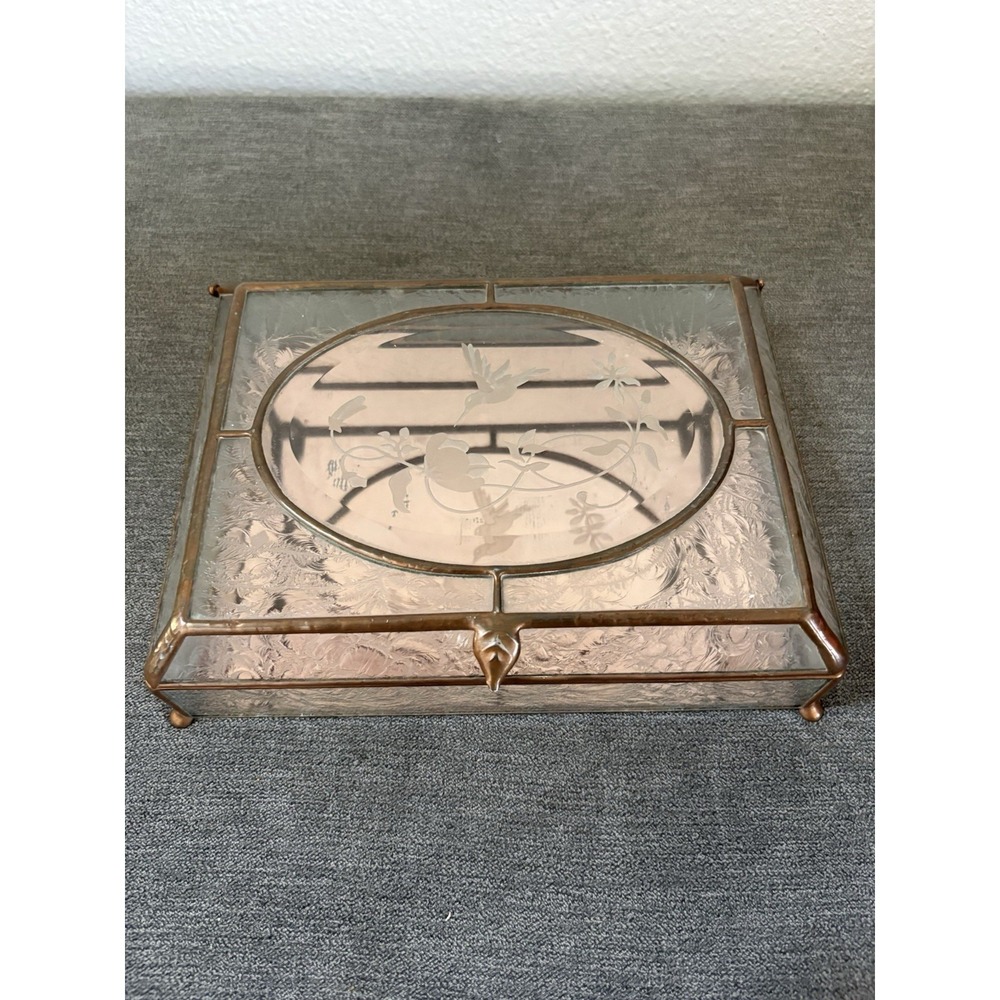 Vtg Etched Glass, Brass, Mirror Jewelry Box Footed w Flowers & Hummingbirds